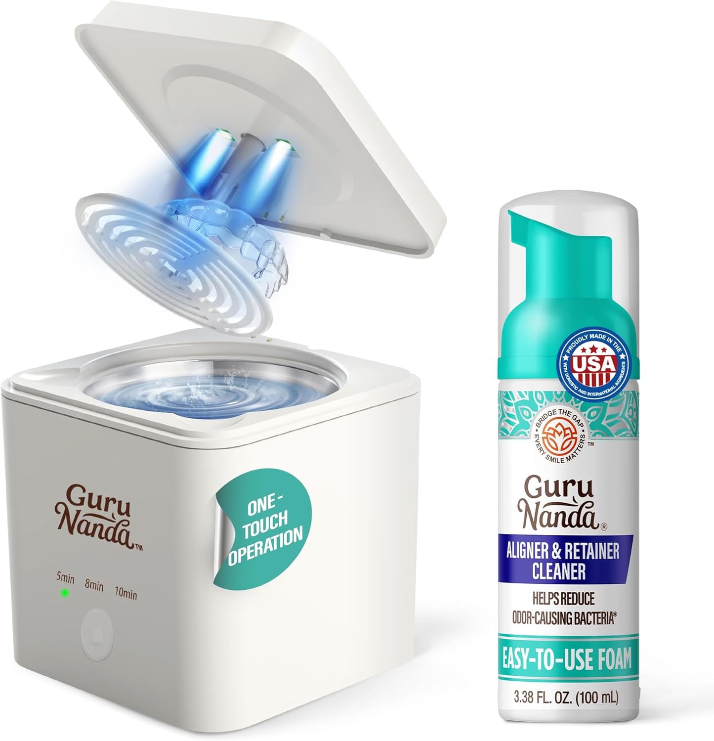 GuruNanda Retainer Cleaner Set - Ultrasonic & UV Cleaning Pod with Foam | Deep Clean for Aligners & Dentures