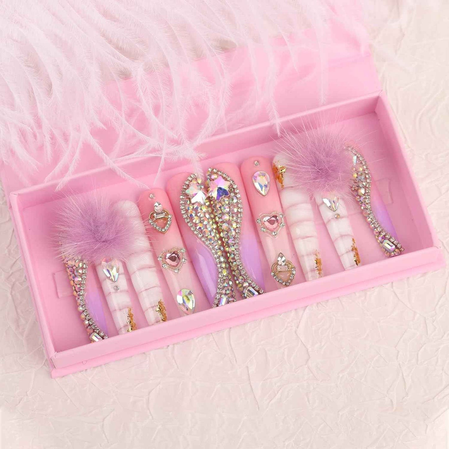 Luxury Pink Acrylic Nail Tips with Crystals - Reusable Long Square Press-On Nails (10 Pcs, Size M)