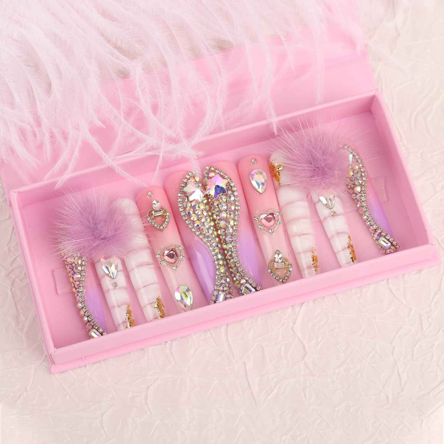 Luxury Pink Acrylic Nail Tips with Crystals - Reusable Long Square Press-On Nails (10 Pcs, Size M)
