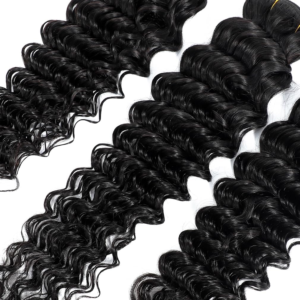 Deep Wave Human Hair Bundles 14 Inch Deep Wave Bundles 100% Unprocessed Brazilian Virgin Hair 1 Bundles Curly Bundles Hair Extensions Real Human Hair Wavy Quick Weave Bundles Natural Black