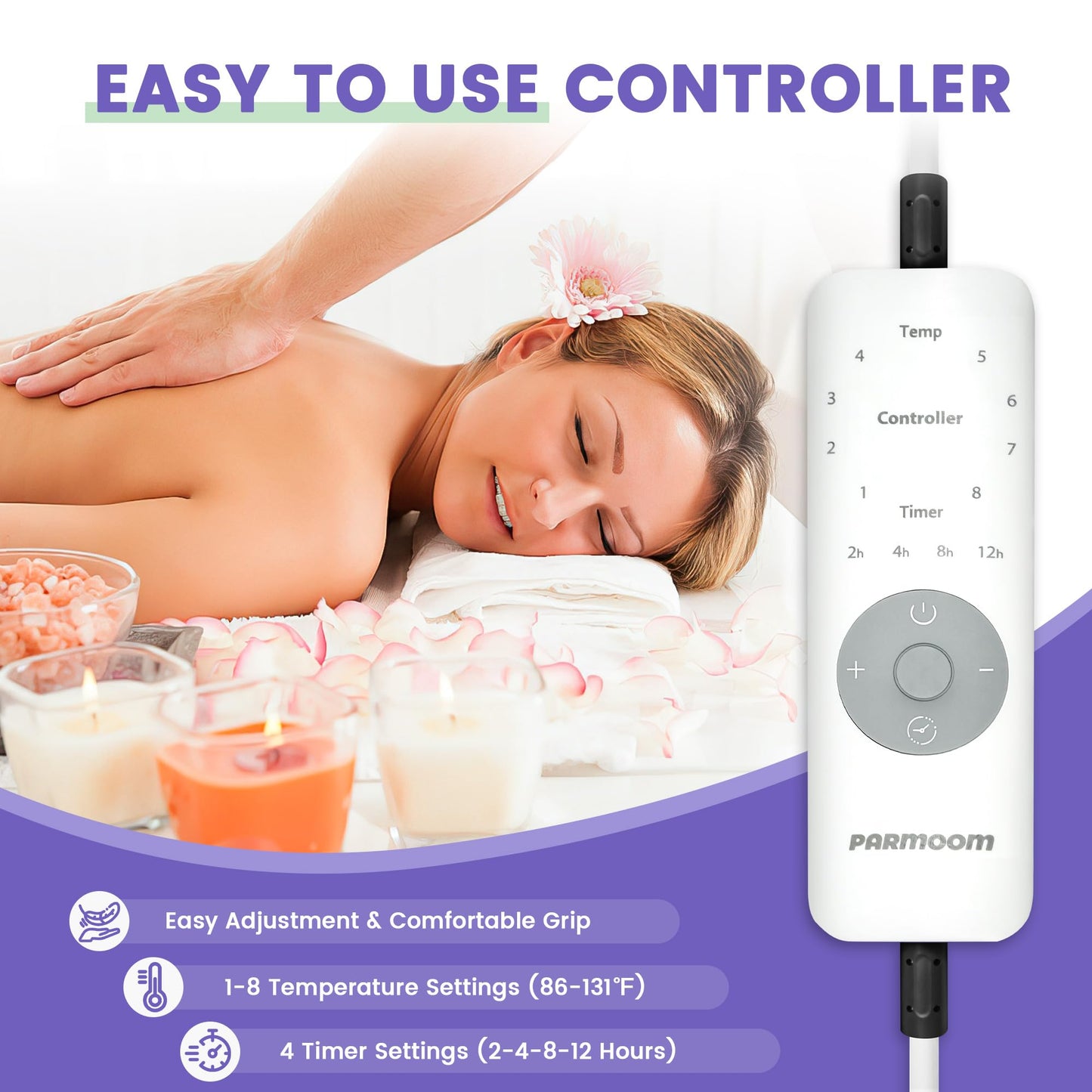 Massage Table Warmer Heating Pad Professional Massage Bed Warmer with 4 Timer, 8 Heat Settings, Overheat Protection for Massage Bed & Spa, Lightweight and Compact for Easy Portability, 30" x 71"