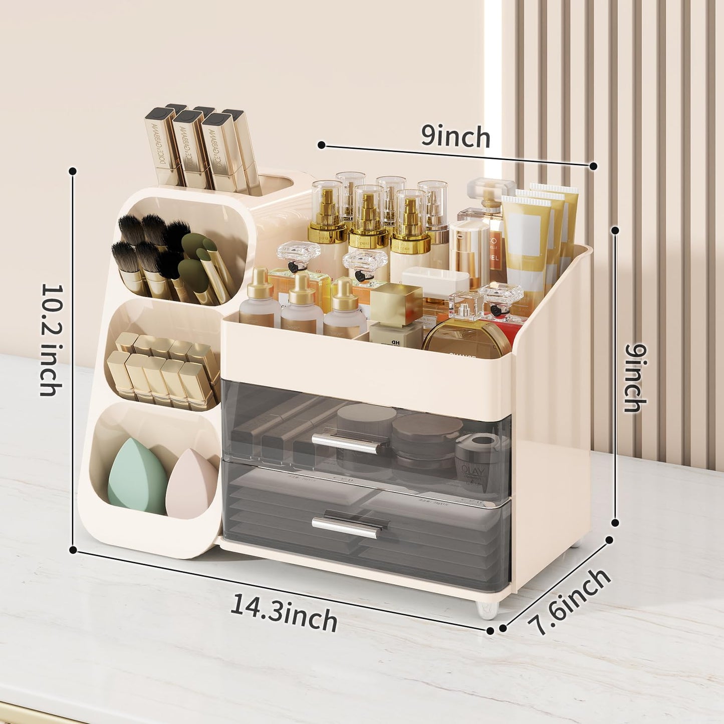 Dimcapo Makeup Organizer for Vanity,Vanity Organizer with Drawers and Brush Holder,Bathroom Make Up Organizer Countertop,Large Cosmetic Organizer for Skincare, Perfume,Lipsticks,Nail Polish (Cream)