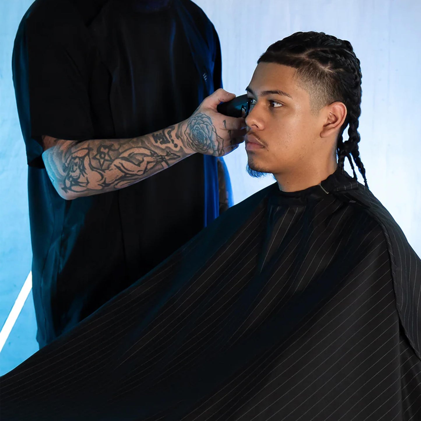 Barber Strong The Barber Cape, Hair Repelling and Static-Reducing Material, Flexible Elastic Neckband for Comfort, Water Resistant Fabric, Oversized for Complete Coverage, Black/White Stripe, 55 x 65"