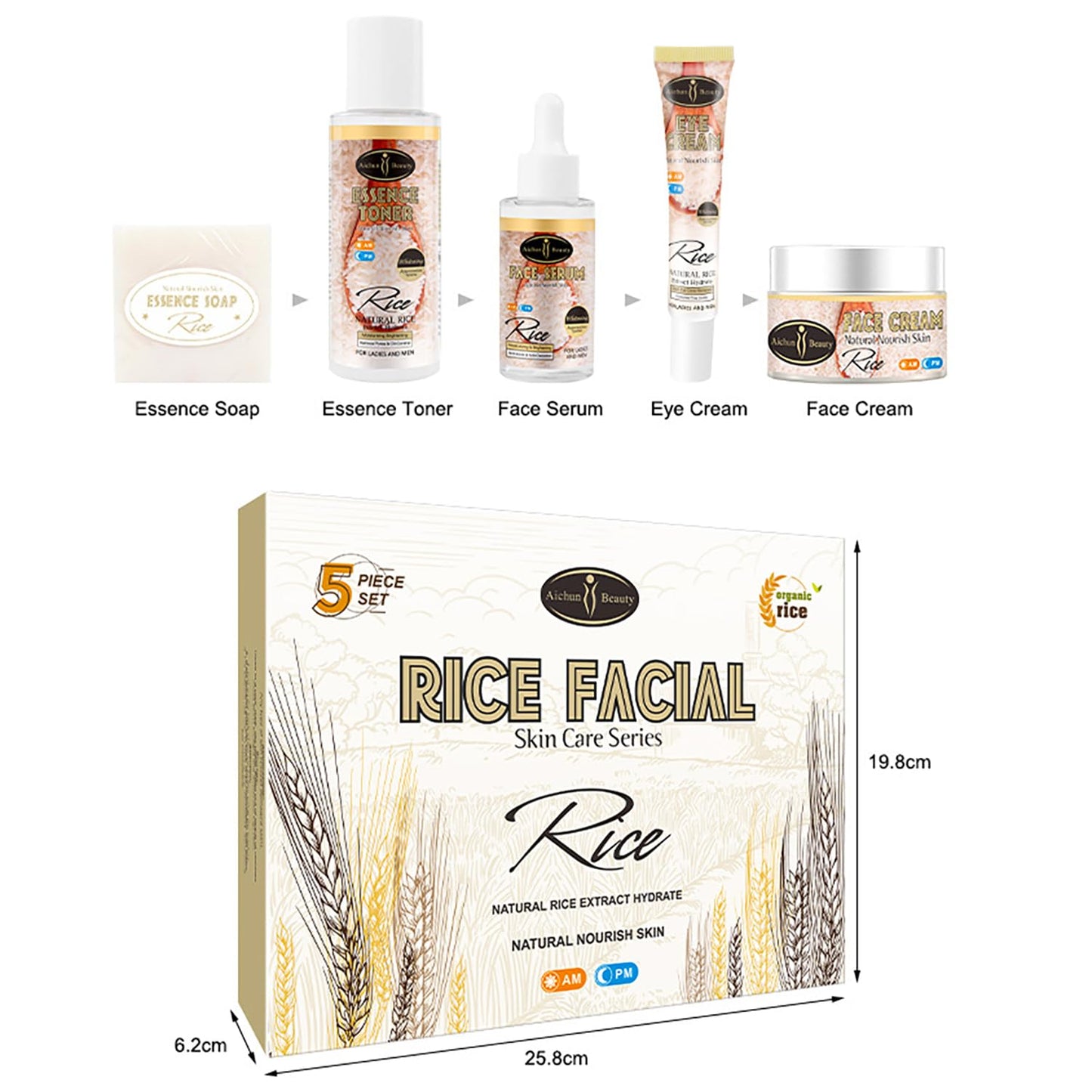 Organic Rice Facial Skin Care Set - Hydrating Essence, Soap, Toner, Serum & Eye Cream | 5-Piece Gift Box (100g, 100ml, 40ml, 50ml, 25ml)