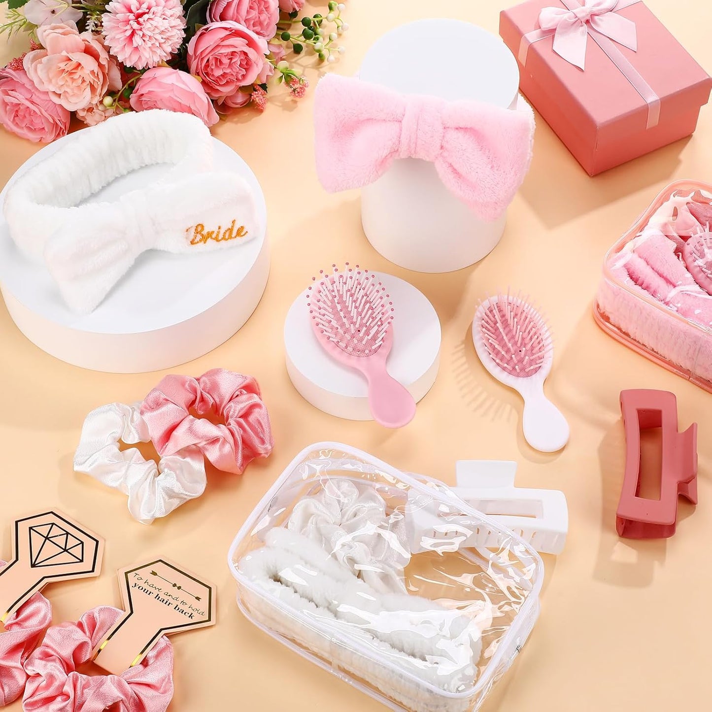 Bachelorette Favor Set - 40 Pcs Headbands, Scrunchies & Hair Accessories | Bridal Shower Gifts (White & Pink)