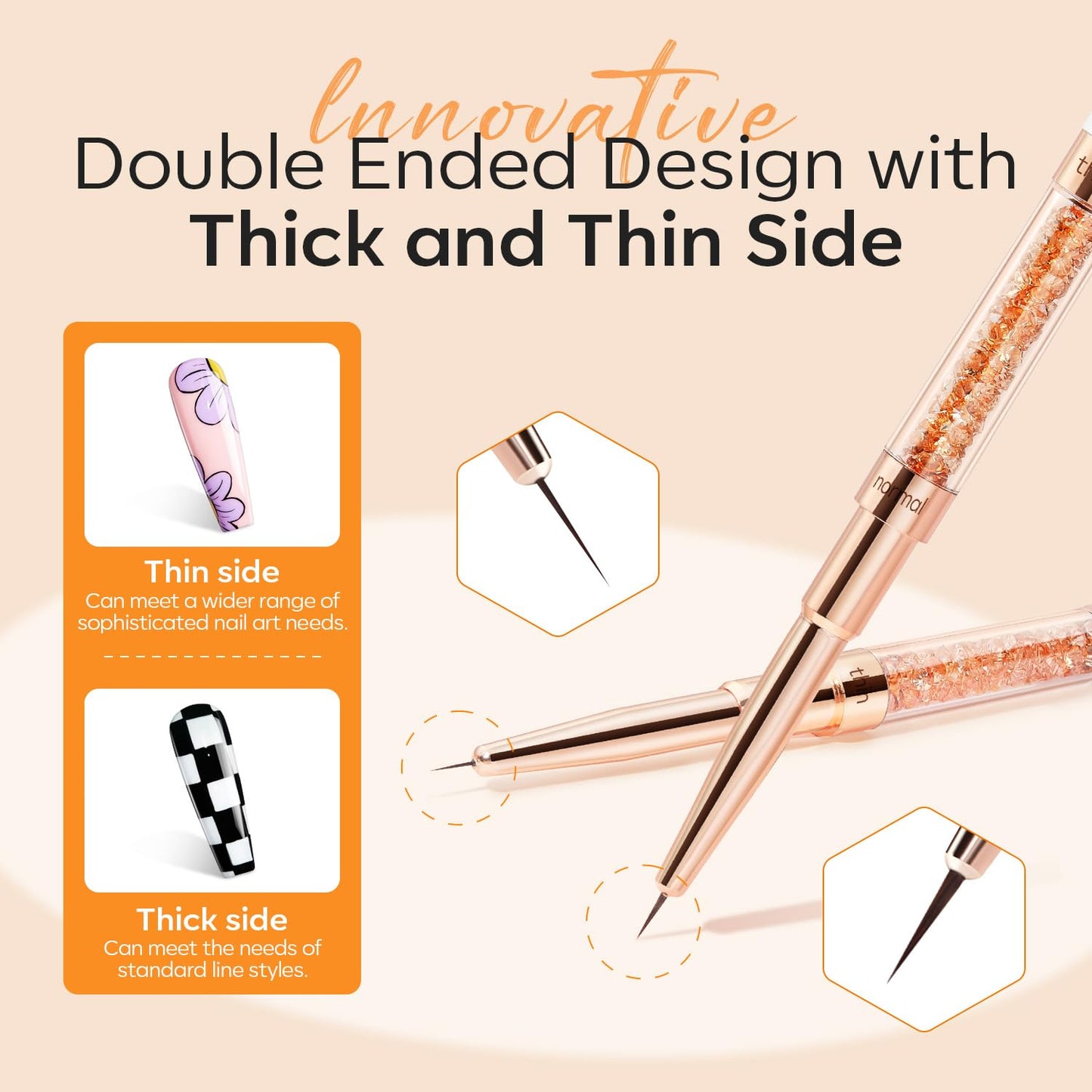 modelones Thin Liner Nail art Brushes with Gel Top and Base Coat for Nail Gel Polish Designs with Arylic Rhinedtone Handle