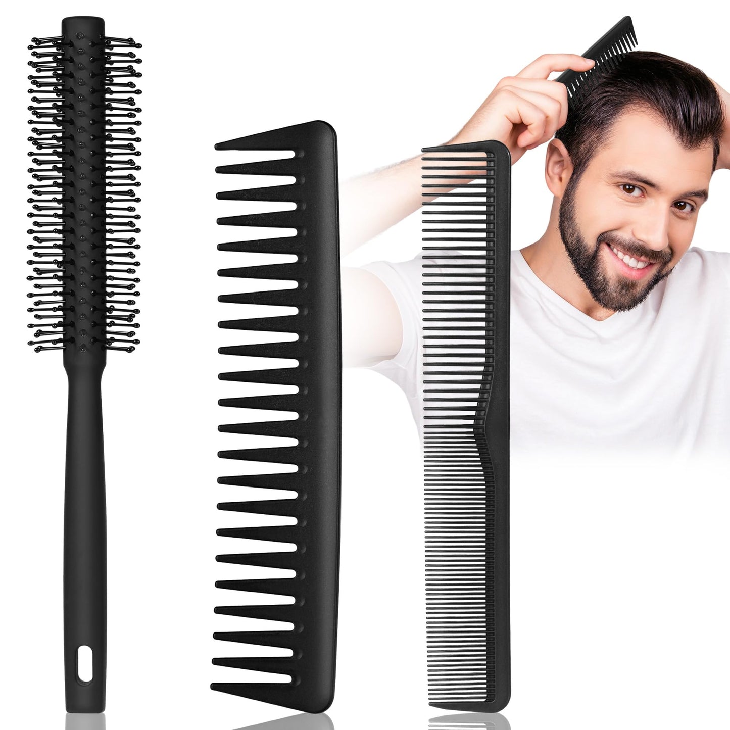 3PCS Comb Set Hair Combs for Men, Fine and Wide Tooth comb, Roller Brush for Adding Volume, Hair Styling mens comb for Styling and Grooming, Frosted Texture