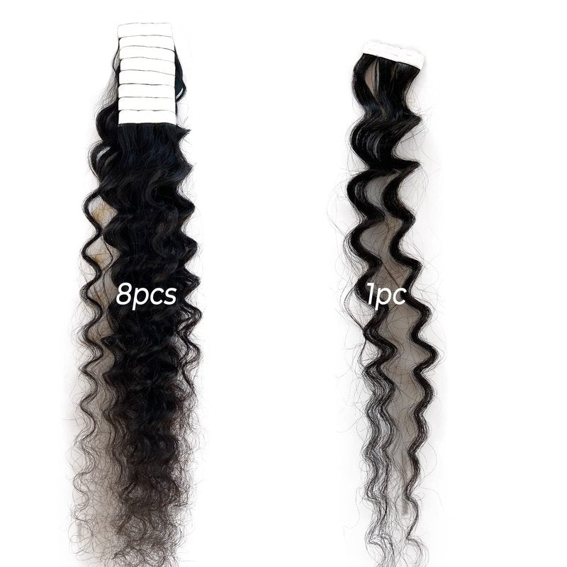 Deep Wave Tape in Hair Extensions Human Hair,20 Inch Black Hair Extensions Real Remy Human Hair Curly Tape ins for Black Women,20pcs Double Sided Invisible Tape Hair Extension 50g/pack