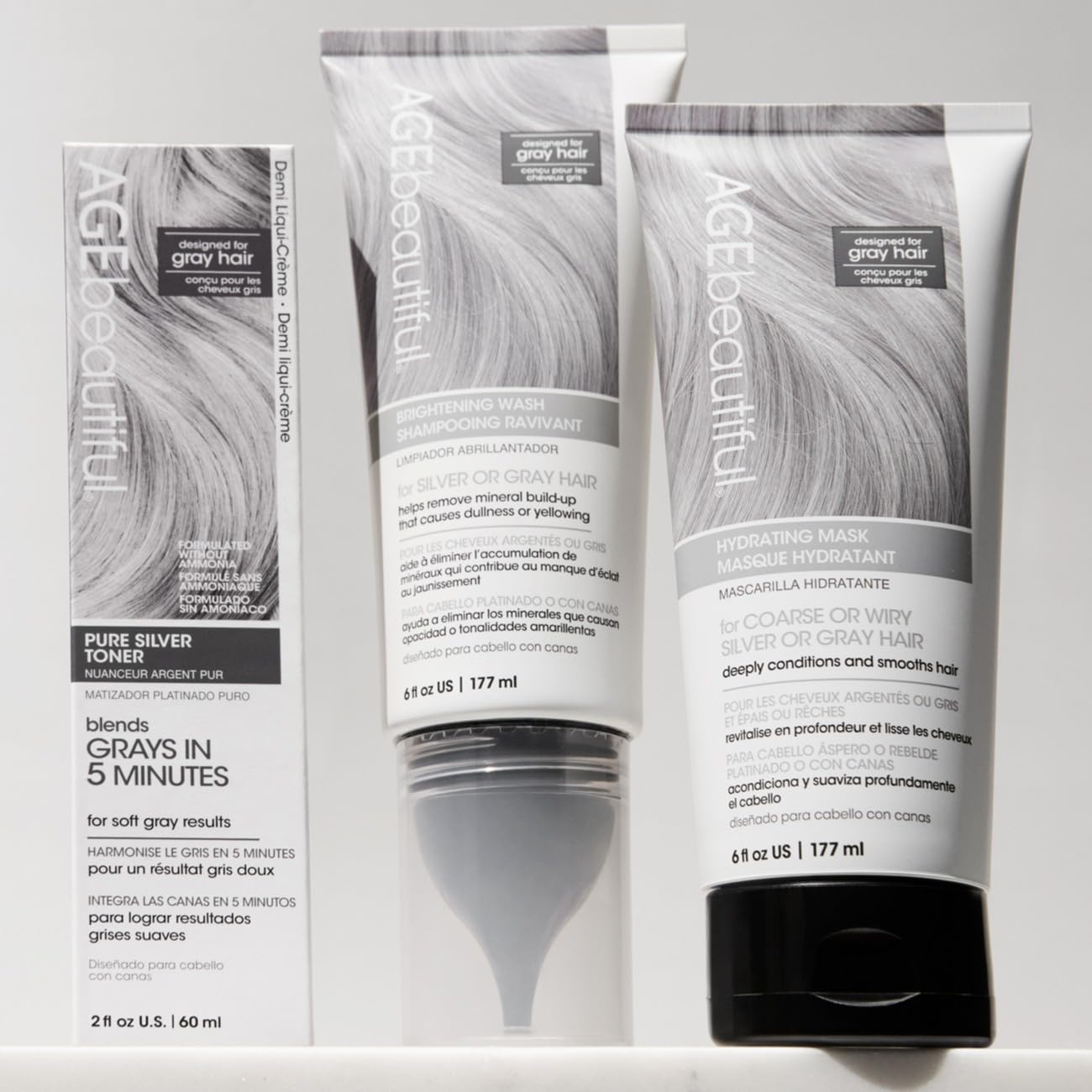 AGE beautiful Brightening Shampoo for Silver & Gray Hair, Clarifying Wash with CoQ10 + Charcoal, Removes Mineral Build-Up & Pollution for Bright, Shiny Hair, Sulfate-Free, Color-Safe