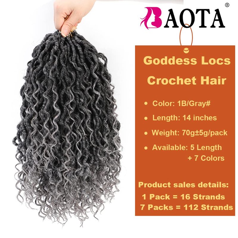 Crochet Hair for Black Women 14 Inch 7 Packs Goddess Locs Crochet Hair Faux Locs Pre-looped River Hair with Curly Ends(1B/30/27#)