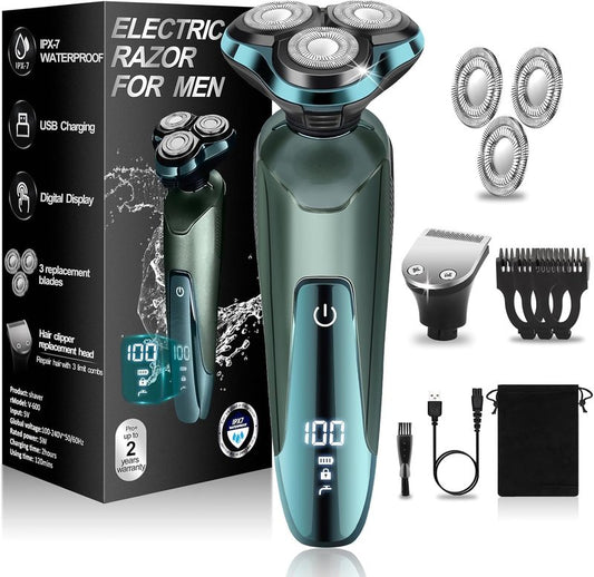 Electric Razor for Men, Men's Rotary Shavers, Waterproof Waterproof Rechargeable Electric Shaver for Men's Faces with a Cordless and Floating Head Portable Travel Razors Replacement Razor Blades