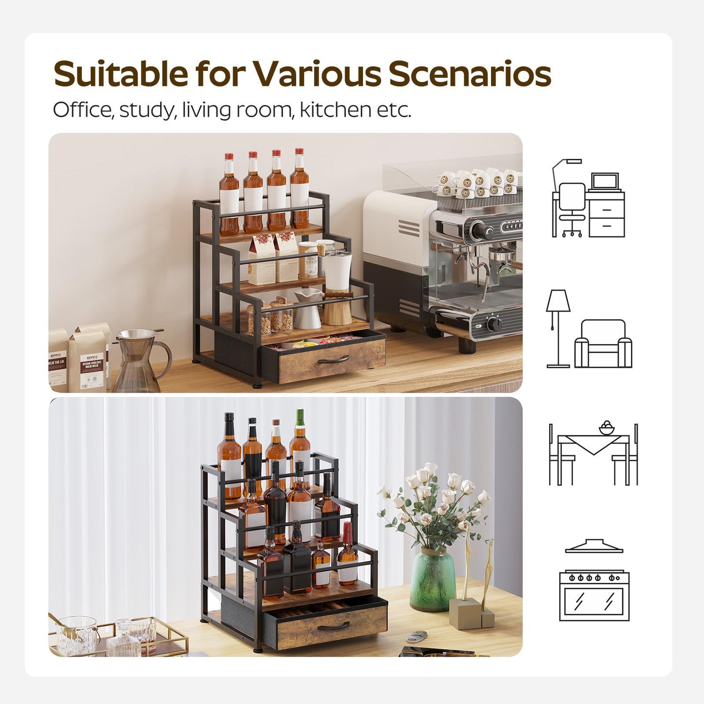 VonDream 3-Tier Cologne Stand with Fabric Drawer, Cologne Organizer for Men, Spacious Wine Rack,Coffee Syrup Stand for Kitchen, Bathroom & Bar Counter Décor