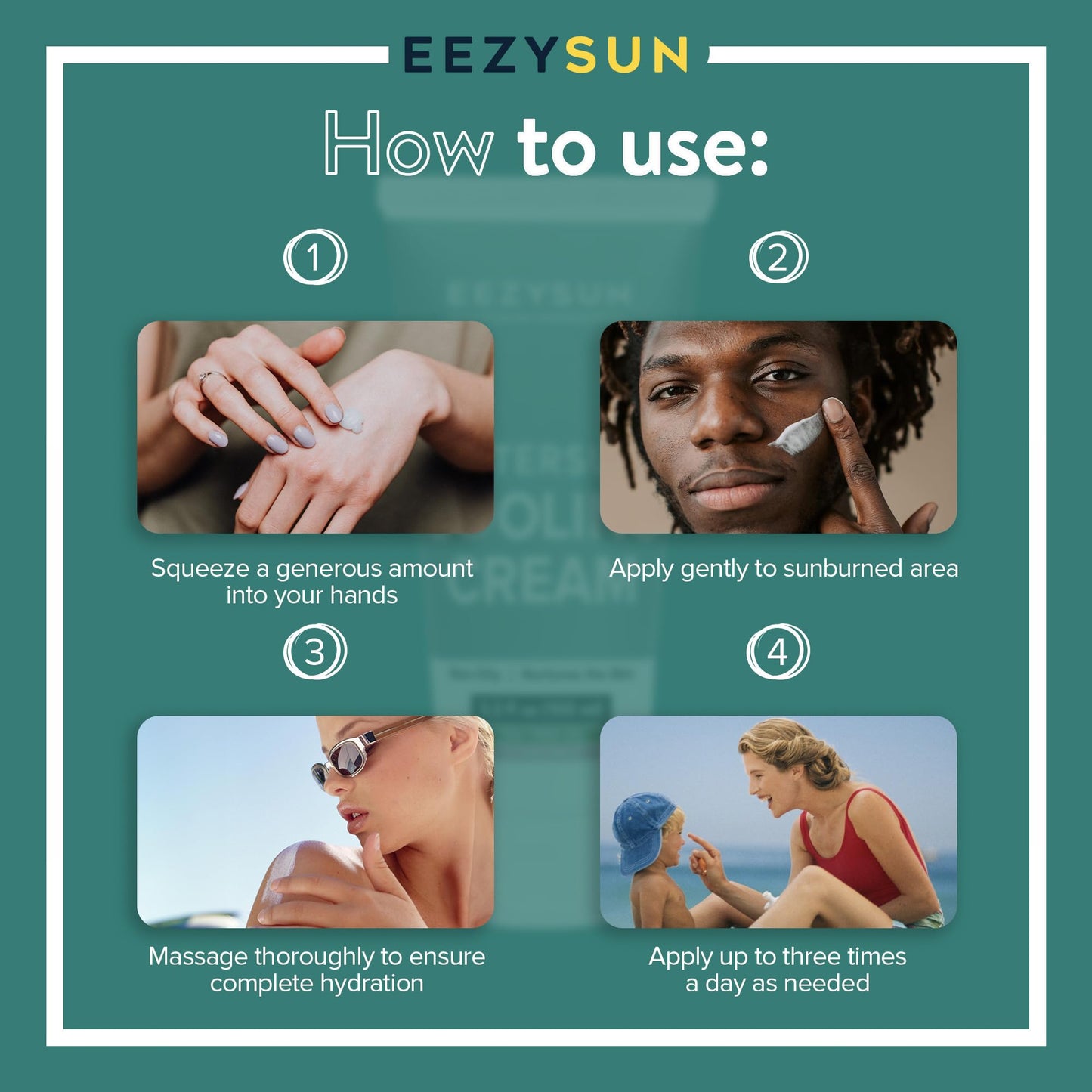EEZYSUN AfterSun Cooling Cream - Vegan After Sun Lotion with Aloe Vera, Tea Tree Oil, Chamomile - Soothes, Hydrates Sunburn - Outdoor, Vacation, Beach Essentials, After Sun Skin Care - 3.3 fl oz