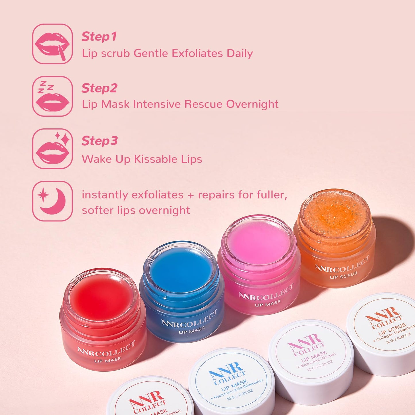 ANRCOLLECT 4-Pack Lip Scrub and Lip Mask Set