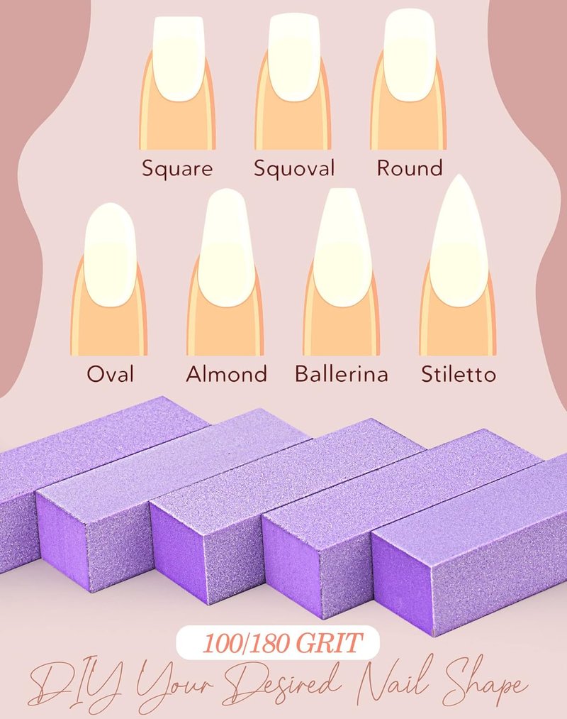 Maryton Nail Buffer Block - Medium/Fine Grit 100/180 Finishing Buffers for Acrylic & Gel Nails | 5 Count (Purple)