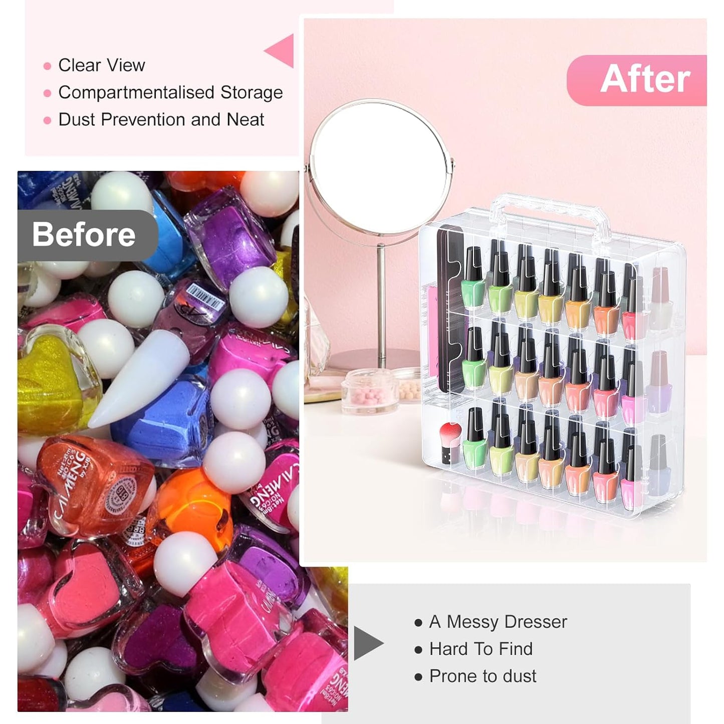 Portable Nail Polish Organizer - 48 Bottle Clear Holder with Adjustable Divider | Double-Sided Storage Case for Nail Techs