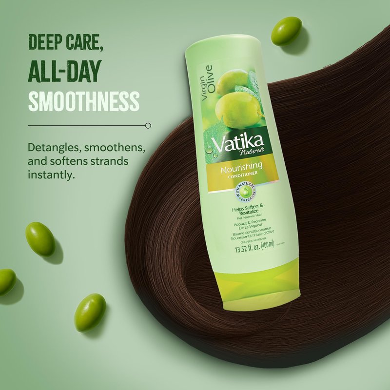 Vatika Naturals Olive Shampoo, Oil & Conditioner Combo, Deep Nourishment, Anti-Frizz & Hydration, Enriched with Virgin Olive Oil & Henna for Smooth, Soft & Radiant Hair, 400ml