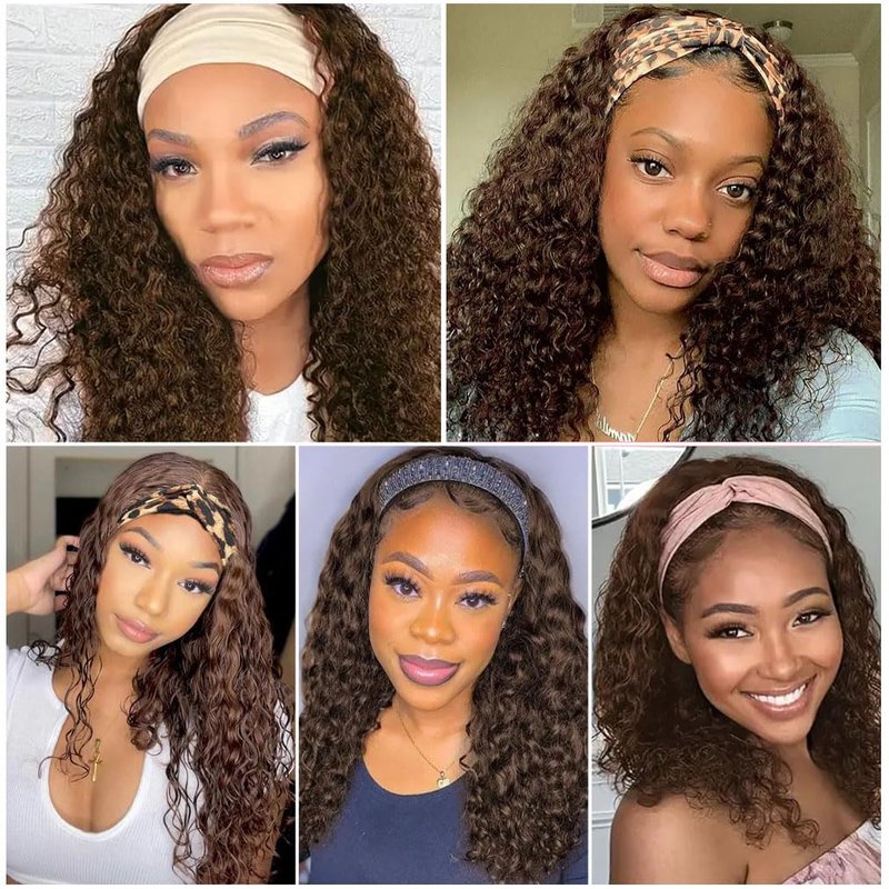 NICMISS Chocolate Brown Headband Wig Human Hair Deep Wave Human Hair Wigs for Black Women 12 Inch Curly Headband Wig Glueless None Lace Front Brazilian Virgin Hair Wear and Go 150% Density