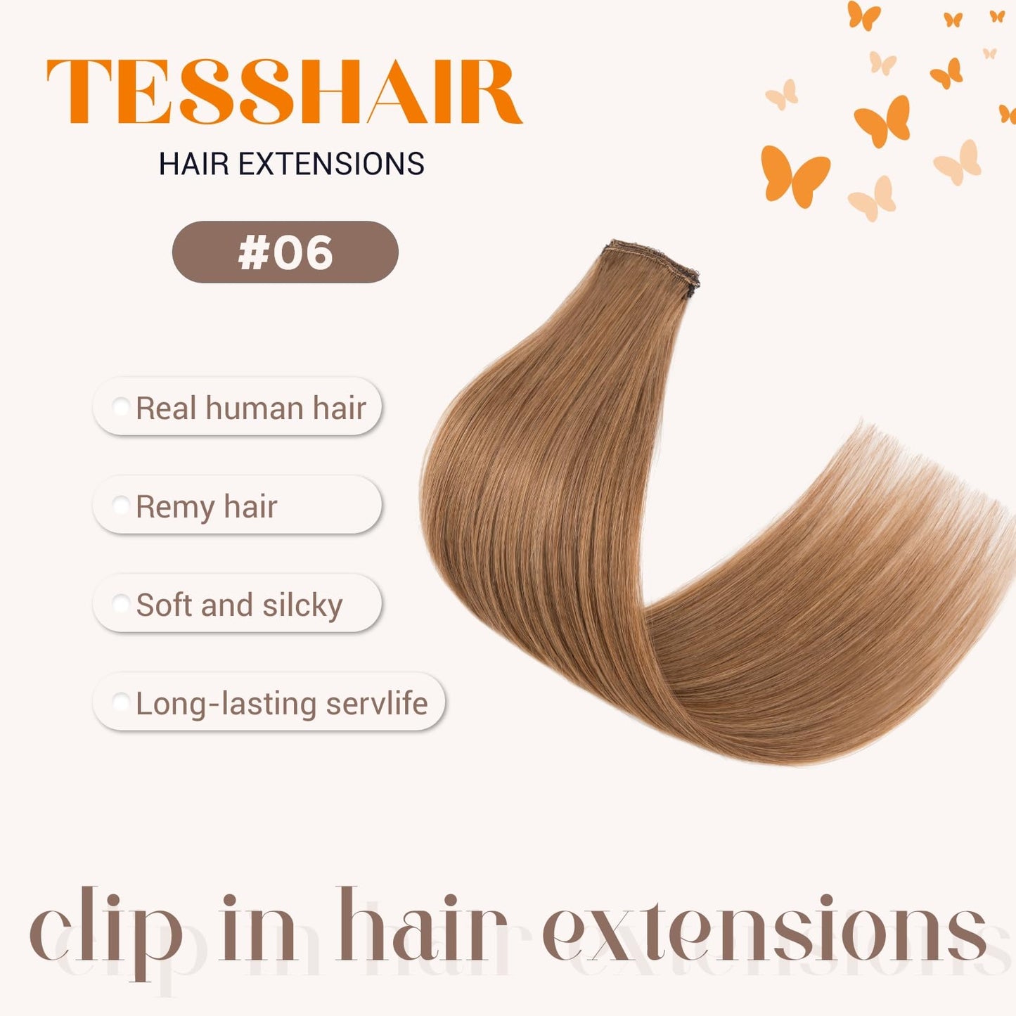 TESSHAIR 6PCS Clip in Hair Extensions Real Human Hair Short Clip in Extensions for Women Short Straight Hairpieces to Add Volume and Highlights 16 Inch Light Brown