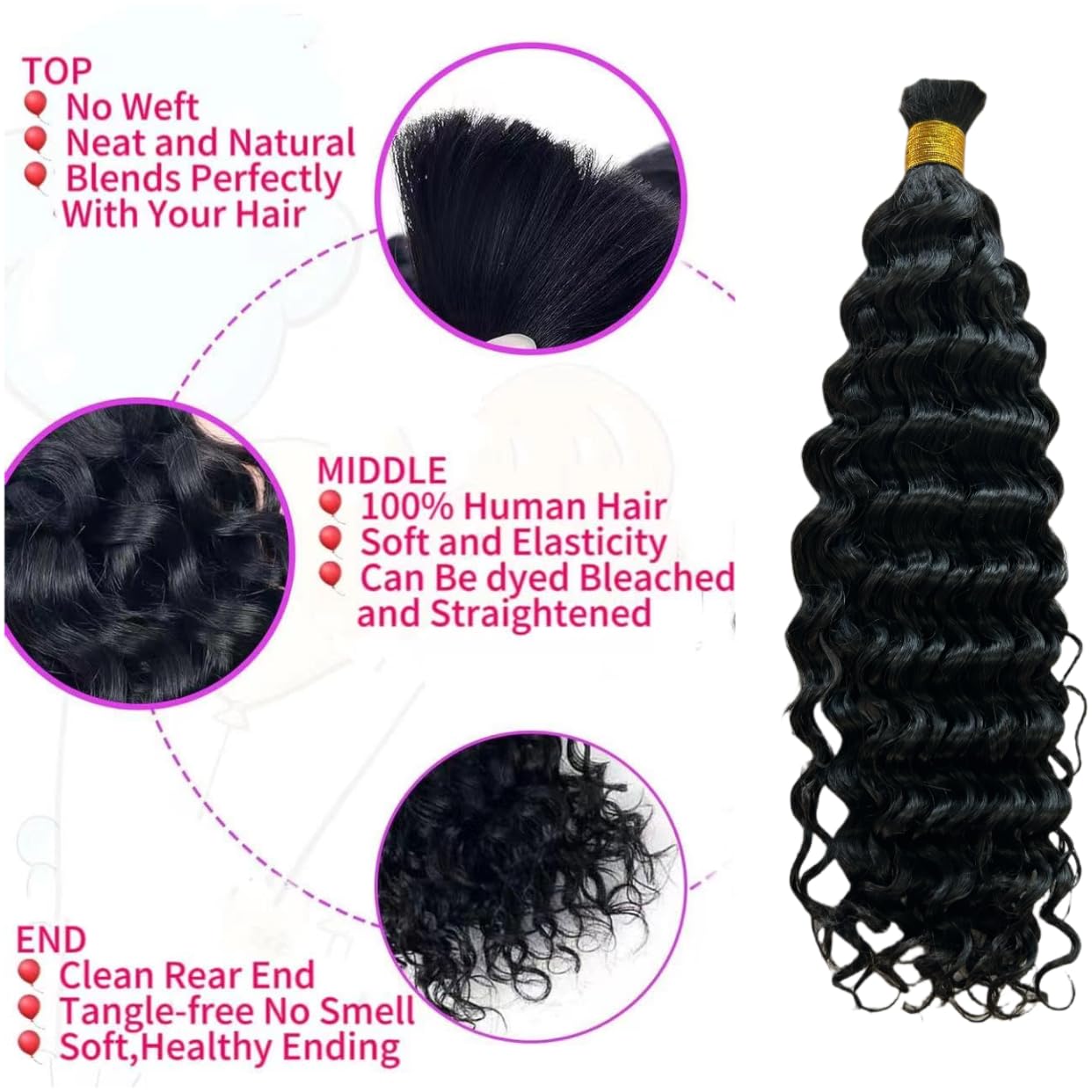 Human Braiding Hair - Boho Water Wave Bulk Extensions | Brazilian Virgin Curly, 14 Inch, Natural Color, 100g