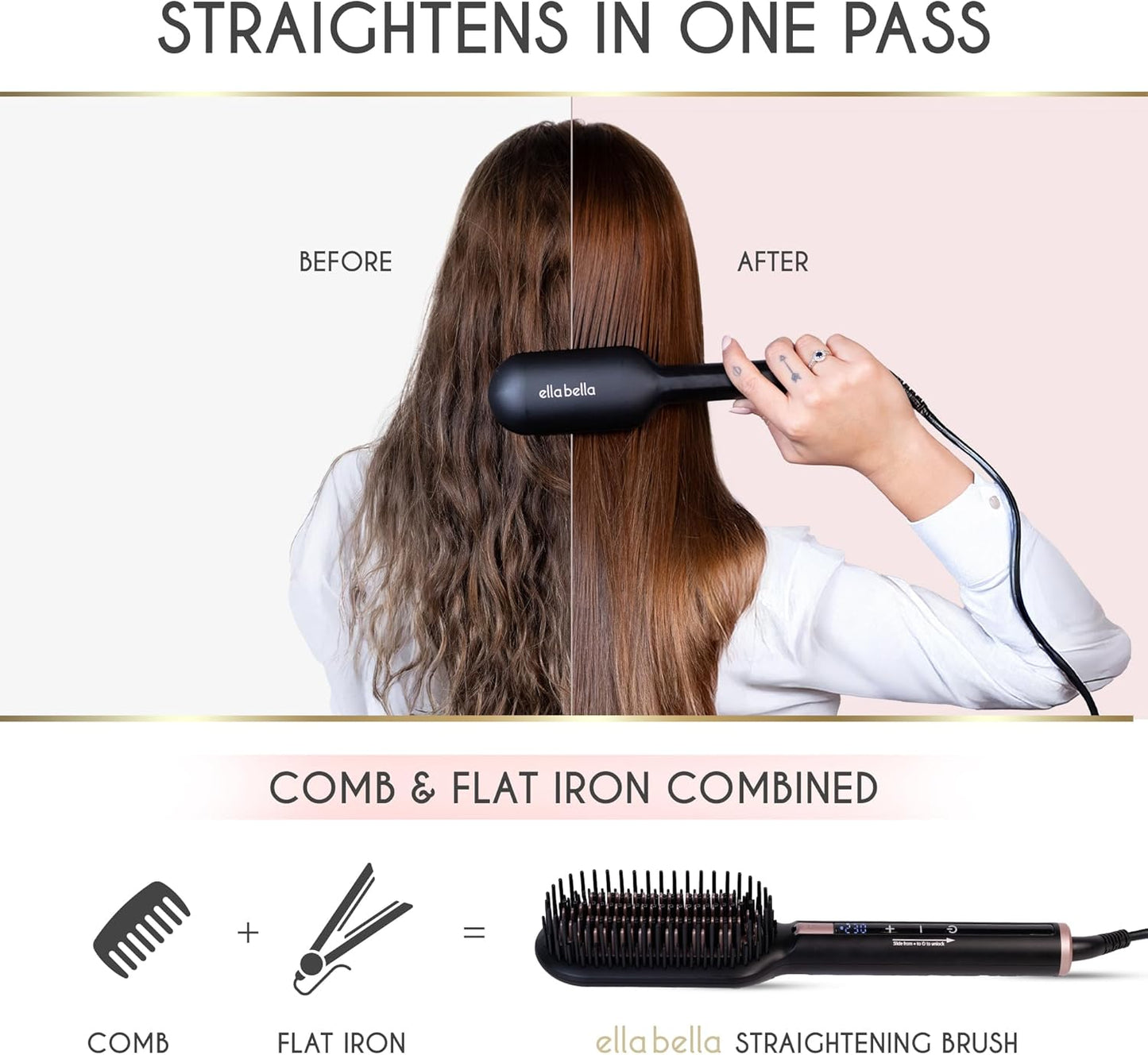 ELLA BELLA® Hair Straightening Brush - Ionic Heated Comb for All Hair Types | Fast Straightening in 1 Pass