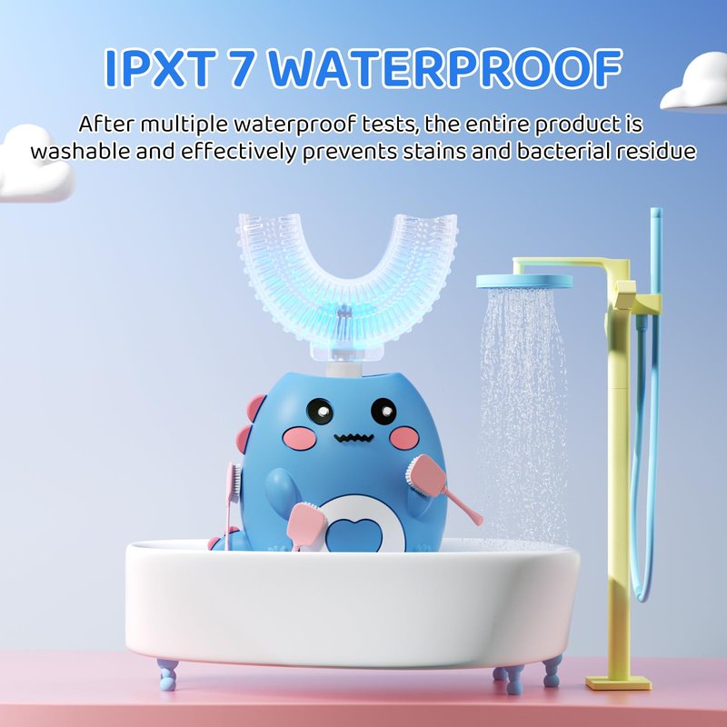 Lwalaneng Kids U Shaped Electric Toothbrush, with 3 Cleaning Modes, with 4 Brush Heads, 360° Sonic Automatic Toothbrush, IPX7 Waterproof Cartoon Dinosaur Design (Ages 2-12)