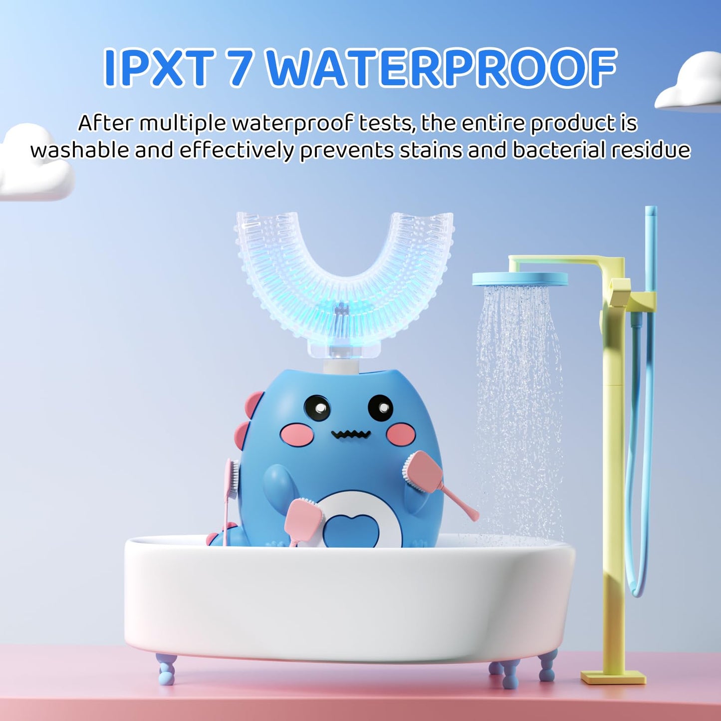 Lwalaneng Kids U Shaped Electric Toothbrush, with 3 Cleaning Modes, with 4 Brush Heads, 360° Sonic Automatic Toothbrush, IPX7 Waterproof Cartoon Dinosaur Design (Ages 2-12)