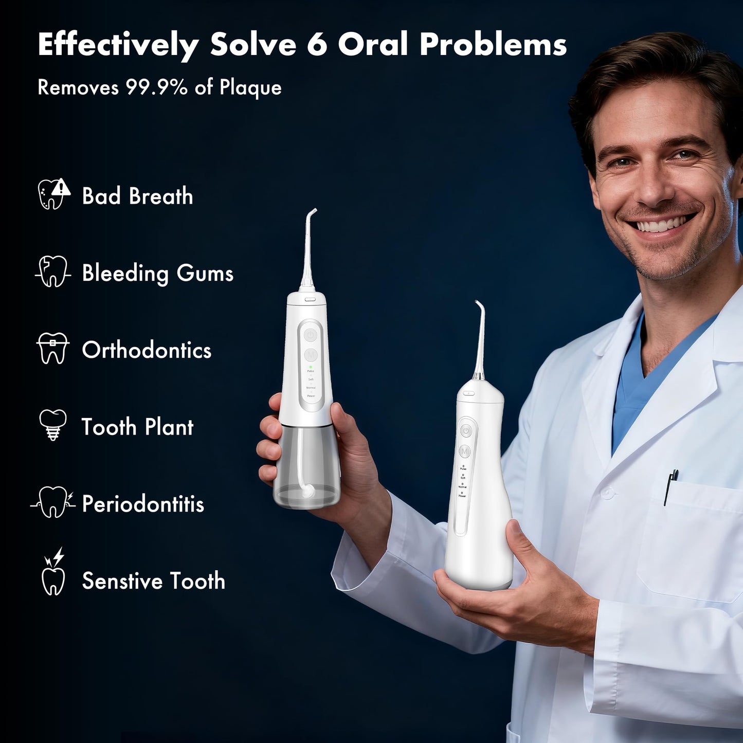 Dygoophy® K1 Cordless Water Flosser, Oral Irrigator 300ml Tank, IPX7 Waterproof, 4 Modes, 30-Day Battery, Quiet Design for Braces, Sensitive Gums & Complete Dental Care (White)
