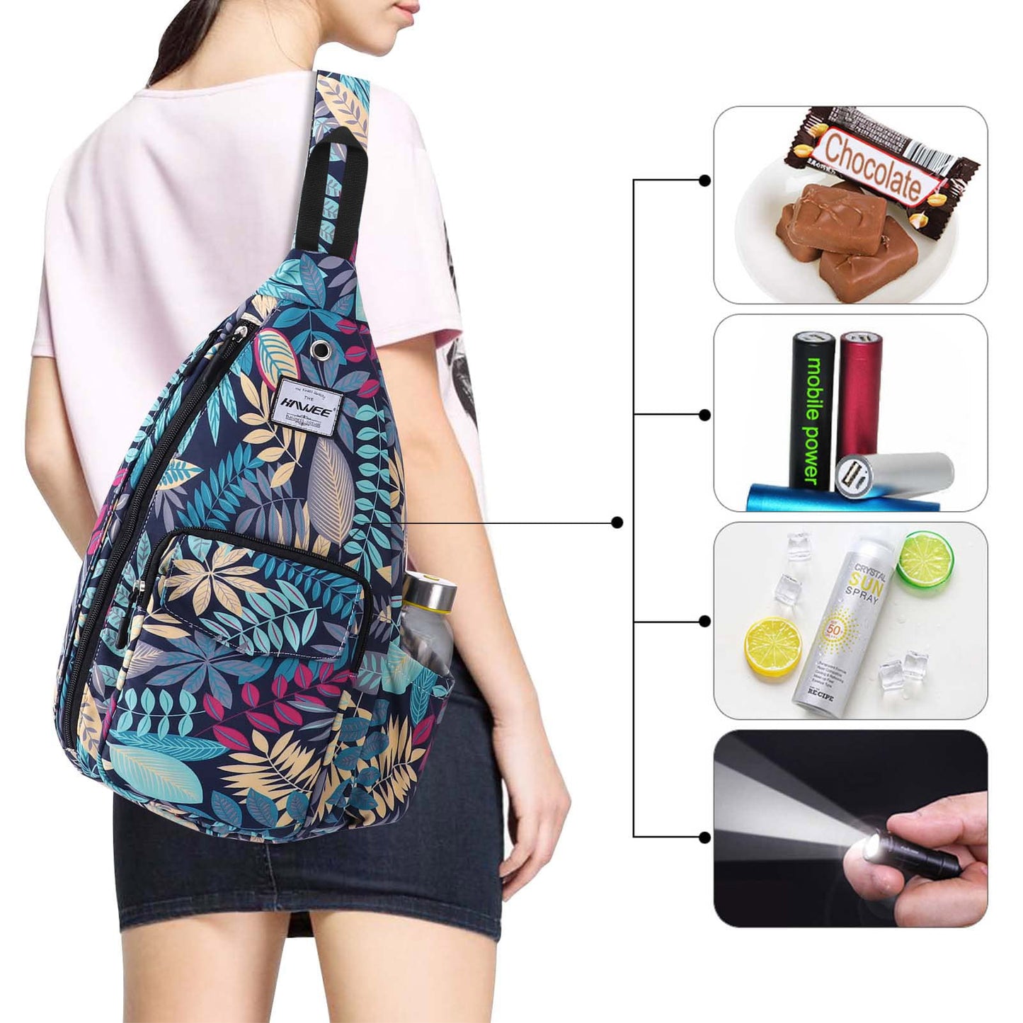 HAWEE Rope Sling Bag for Women Casual Cross Body Backpack Adjustable Anti-slip Strap/Bottle Pocket/Earphone Hole for Travel Hiking Sports, Blue Maple