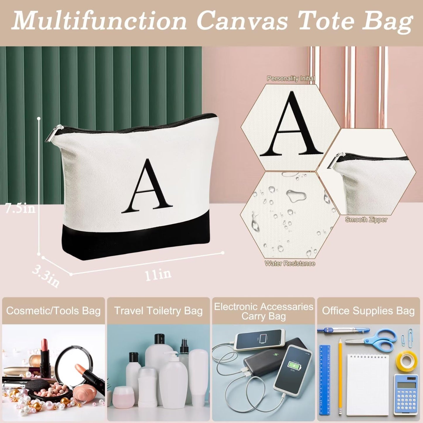 YOOLIFE Birthday Gifts for Sister - Initial Canvas Tote Bag & Makeup Bag, Letter D