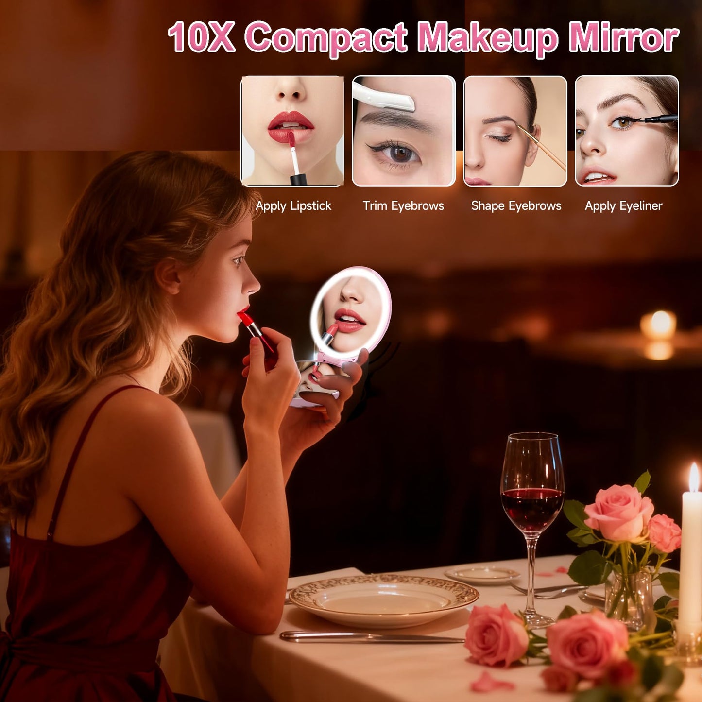 Compact Makeup Mirror with Lights Travel Mirror with Light Small Compact Mirror 2x/10x Magnification & LED Lighted,Rechargeable Compact Mirror Portable Adjustable Pocket, White