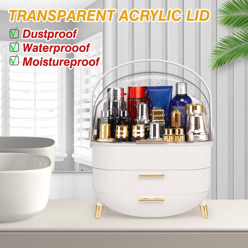 Haturi Makeup Organizer, Skincare Organizers w/Brush Holder, Cosmetics Organizer with Drawers, Waterproof & Dustproof Makeup Organizer for Vanity, Preppy Skin Care for Bathroom, Dresser, Countertop