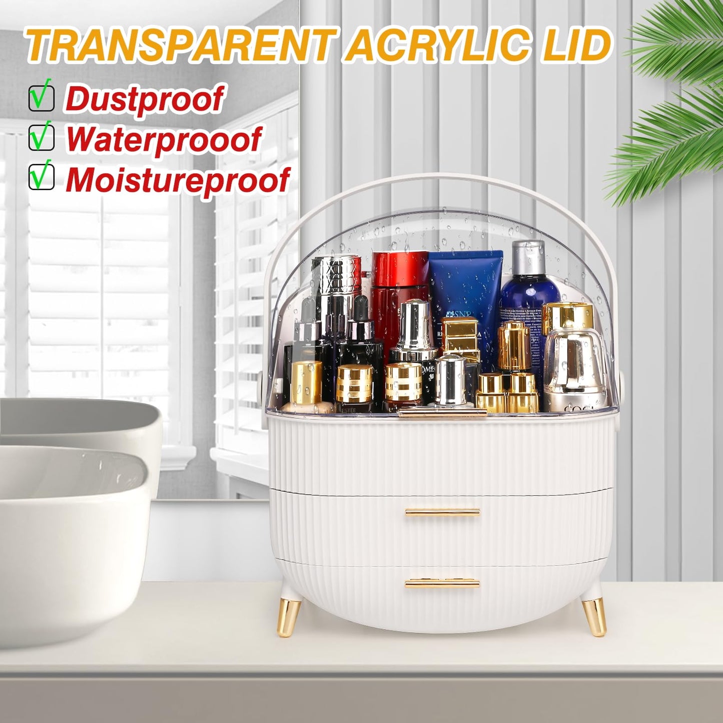 Haturi Makeup Organizer, Skincare Organizers w/Brush Holder, Cosmetics Organizer with Drawers, Waterproof & Dustproof Makeup Organizer for Vanity, Preppy Skin Care for Bathroom, Dresser, Countertop