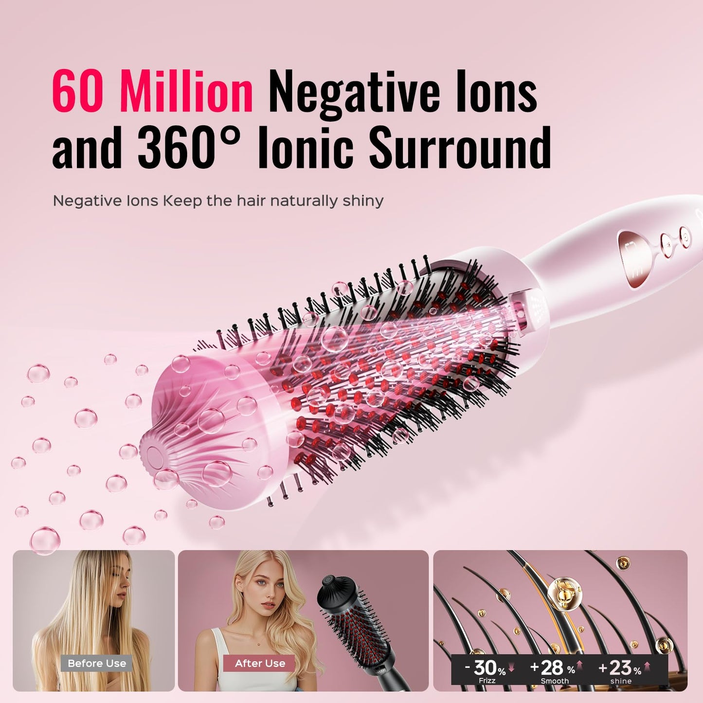 Thermal Brush,Lena All-in-1 with 1.5 inch Titanium Barrel-Infrared&Negative Ion Technology,Smooth,Frizz-Free Styling Tool,5 Heat Settings,LED Display,Easy to Use,Pink