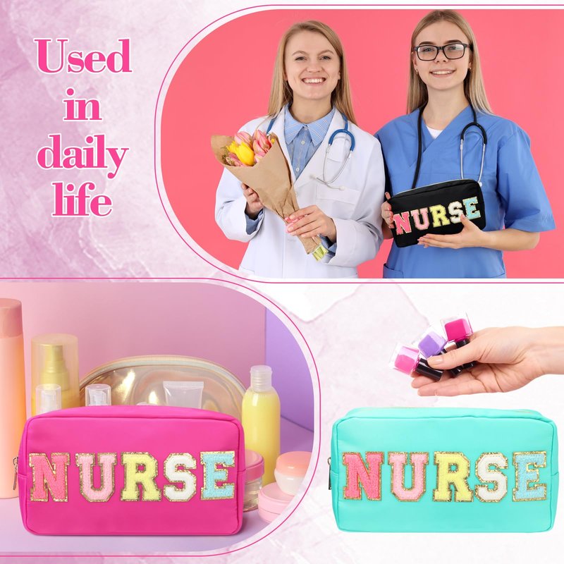 4 Pcs Nurse Gifts Chenille Letter Nursing Makeup Bags Nursing Cosmetic Bags with Zipper for Graduation CNA RN Nurse Week Appreciation Party Favors