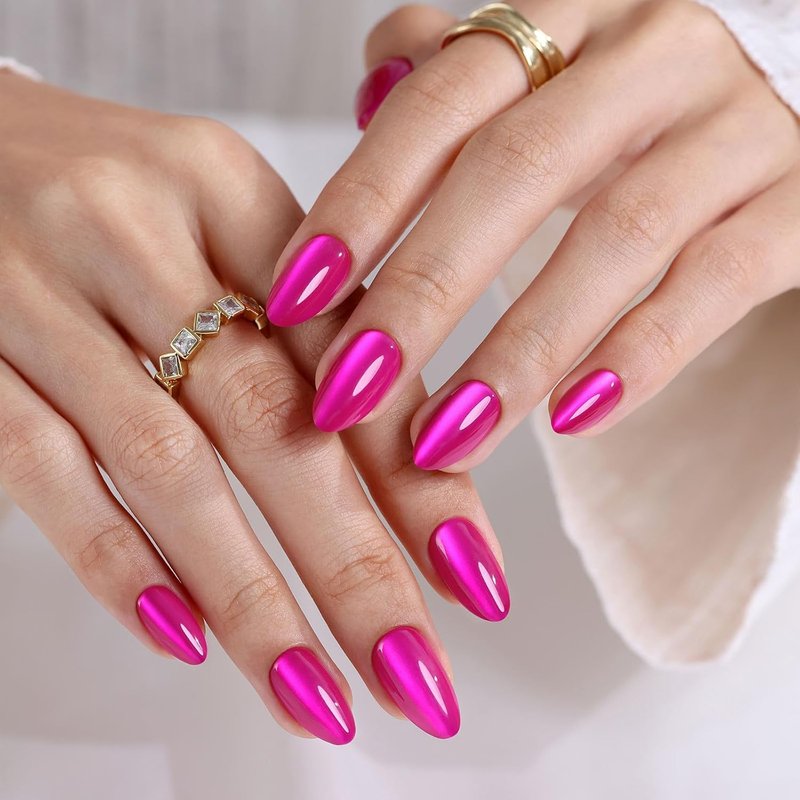 Almond Cat Eye Press-On Nails - Hot Pink Soft Gel Fuchsia | 32 Pcs Reusable in 16 Sizes