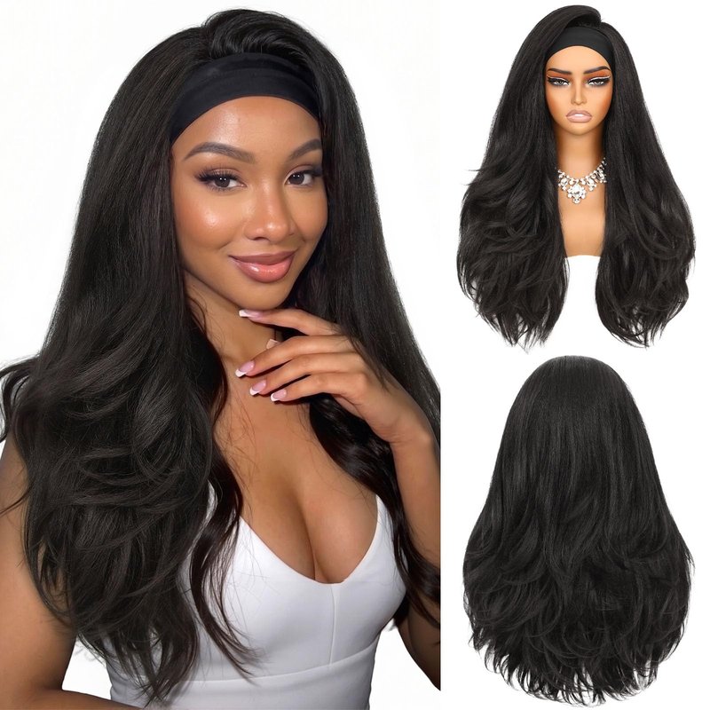 Lady Miranda 26 Inch Yaki Wavy Headband Wigs for Black Women Wear and Go Kinky Straight Headband Wig with Layered Blowout Texture Lightweight Glueless Half Wig Natural Looking Synthetic Wig