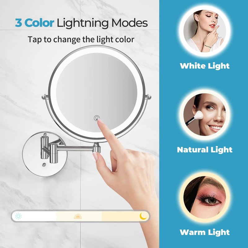 Fab Glass and Mirror Lighted Vanity Wall Mirror 1X/10X Magnifying, 8" Rechargeable 2000mAh Wall Mounted Makeup with 3 Color LED, Double-Sided Bathroom Touch Dimmable 360 Rotation Chrome