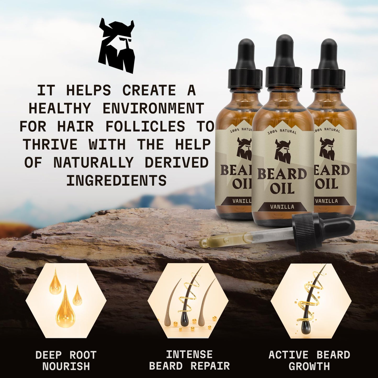 Striking Viking Beard Oil for Men - 2 Fl Oz, Pack of 3, Vanilla - Nourishing Jojoba, Almond & Argan Oil Blend - Fuller Beard Growth - Itch & Flake-Fighting Tea Tree