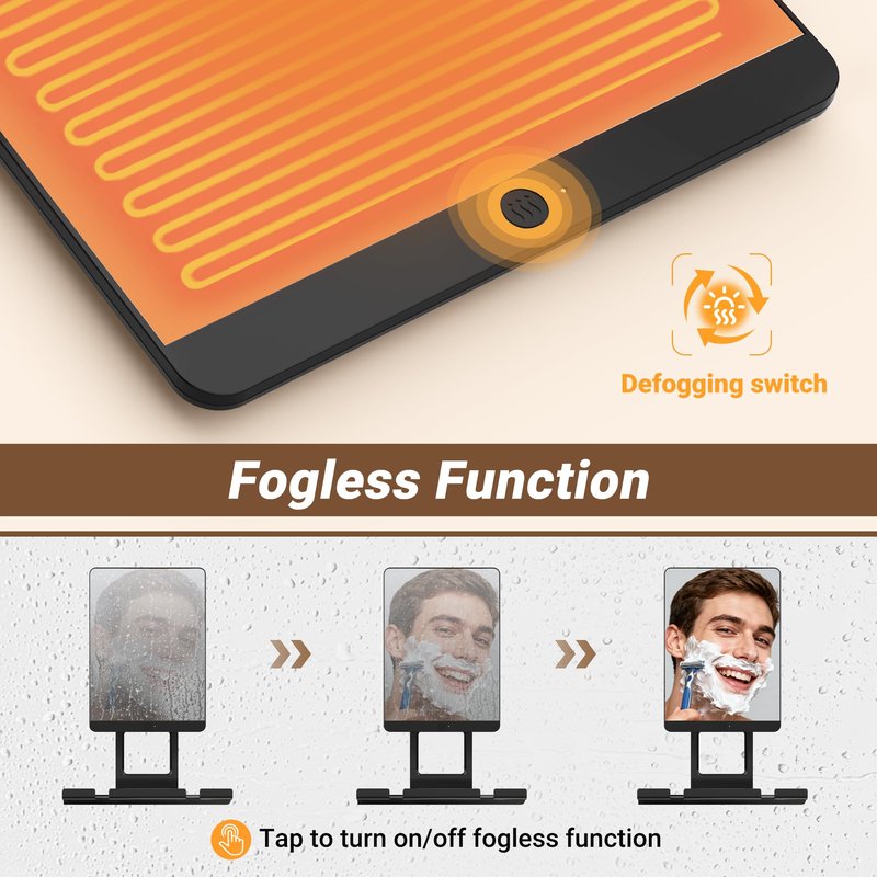 Toollygozz Heated Fogless Shower Mirror for Shaving, 5000mAh Long-Lasting Anti-Fog Shower Mirror with 360° Rotating Design & Razor Holder, Fog-Free Shaving Mirror for Men (Black)
