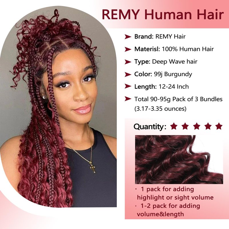REMY HAIR FASHION Human Hair Bundles Red Deep Wave Bundles Colored #99j Burgundy Deep Weave One Bundle 14 Inch Brazilian Virgin Human Hair Extensions for Black Women