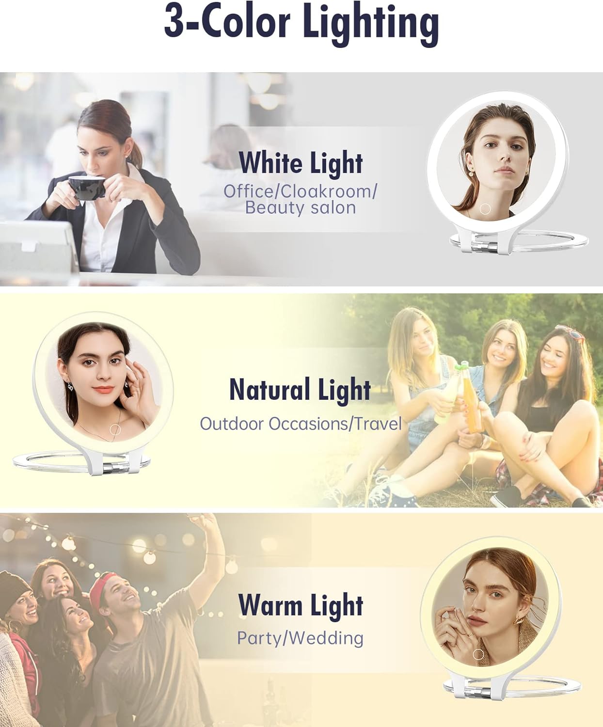 FASCINATE 30X 1X Double-Sided Magnifying Makeup Mirror - Rechargeable LED with 3 Color Lighting Modes | Adjustable Rotation