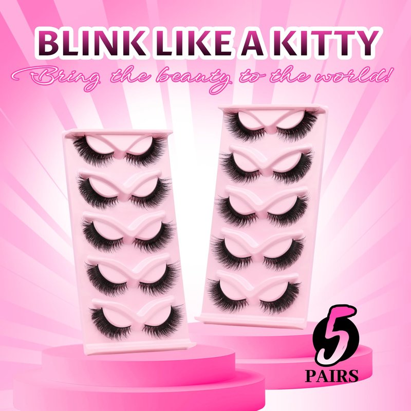 Veleasha Cat Eye Lashes Natural Look Fox False Eyelashes Gorgeous Wispy & Lightweight Faux Mink Lashes for Doll Eye Makeup 5 Pairs Pack (Charming)