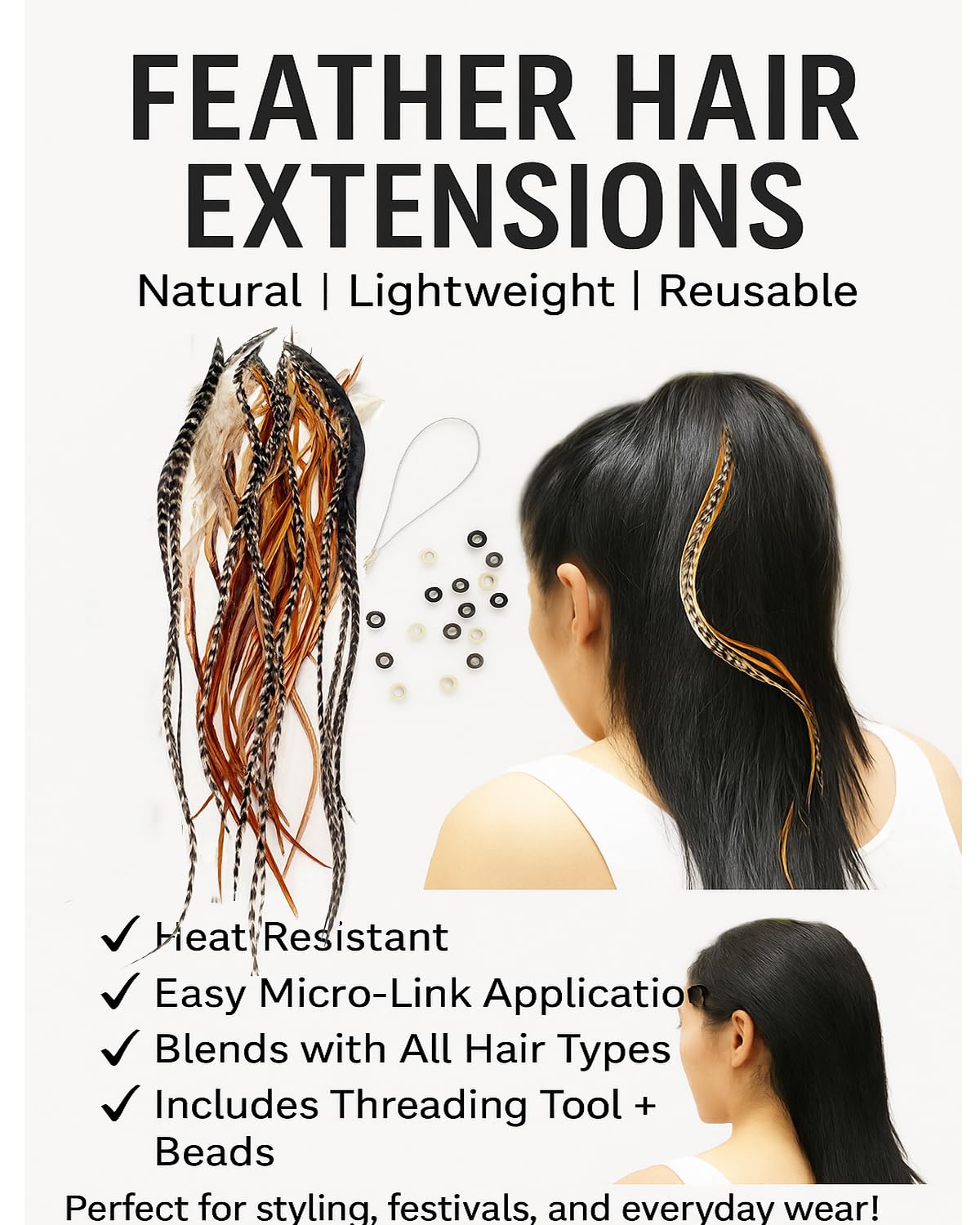 Sexy Sparkles Feather Hair Extension – 25 Loose Long Natural Rooster Feathers in Brown, Beige, and Grizzly, All Individual Feathers, Ranging From 6 to 11 Inches in Length