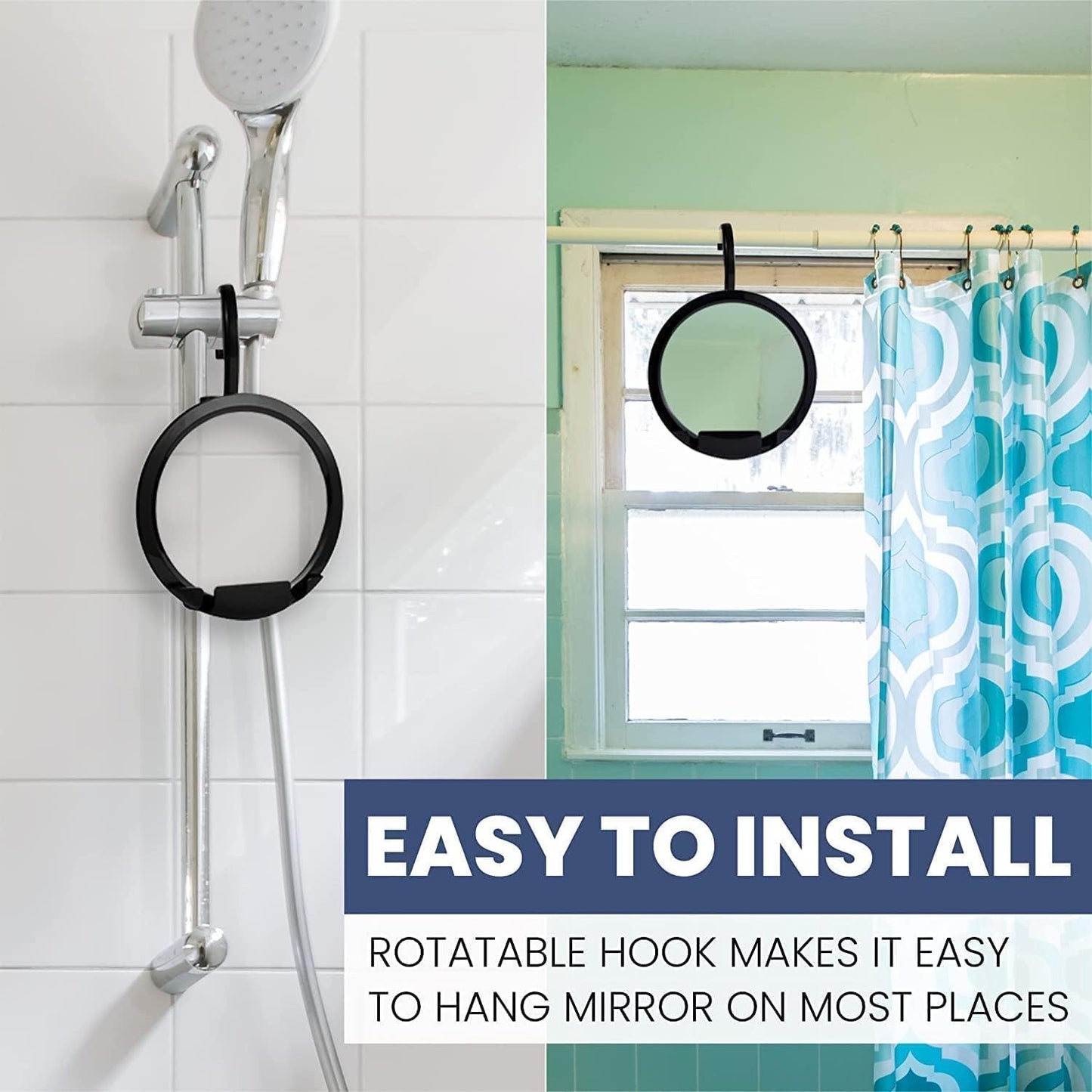 MIRRORVANA Dual Anti Fog Shower Mirror for Shaving with Hook for Hanging and Fogless Shatterproof Surface - Fill Back Chamber/Reservoir with Hot Water for Fog Free Shave (8" Diameter, Black)