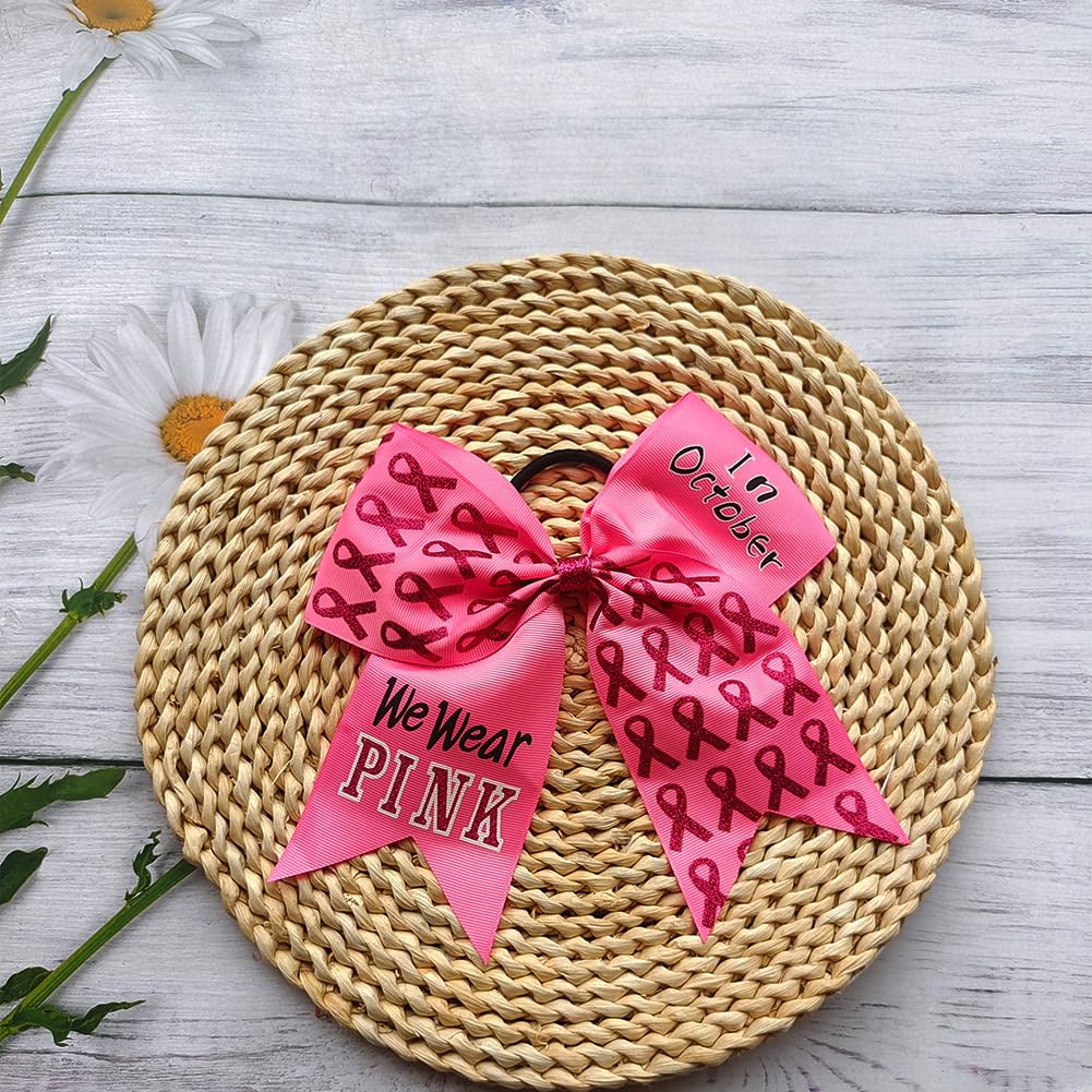 16 Pieces 7 Inch Breast Cancer Awareness Cheer Hair Bows Ponytail Holder Large Glitter Pink Ribbon Hair Bows Accessories Elastic Band Handmade for Teens Women
