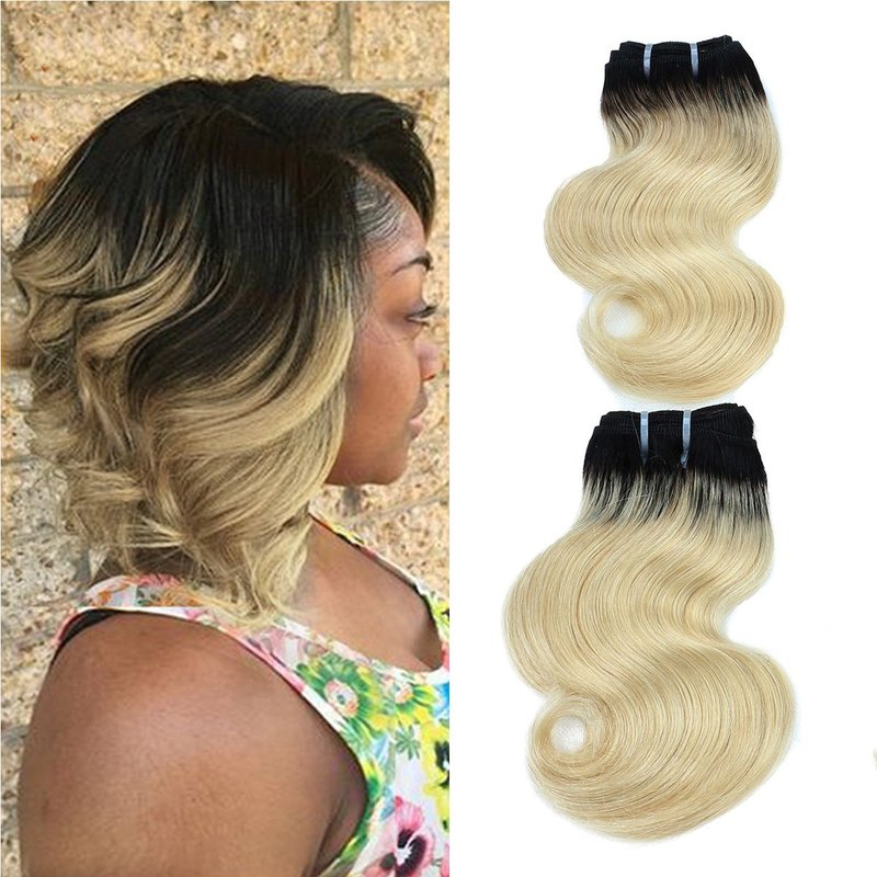 FASHION LINE 8" Human Hair Bundles Ombre Two Tone Brazilian Virgin Hair Extensions Body Wave 50g Bundles (8/8/8/8 Inch, 1b/613)