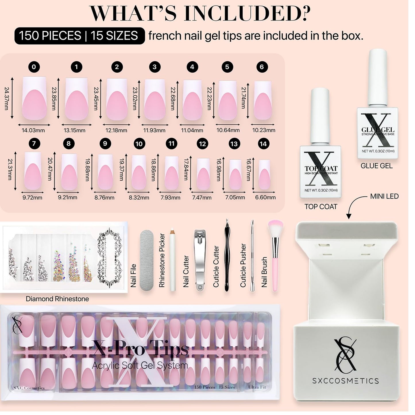 SXC Cosmetics French Tip Press On Nails – Pink Series, Medium Square Fake Nails X-Pro Tips Starter Kit | 150PCS, 15 Sizes, 5 Styles