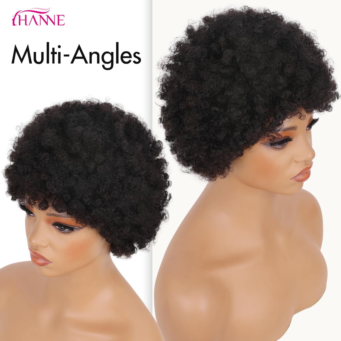 HANNE Short Afro Wig for Black Women 100% Human Hair Tight Curly Wig Short Curly Wig (Black)