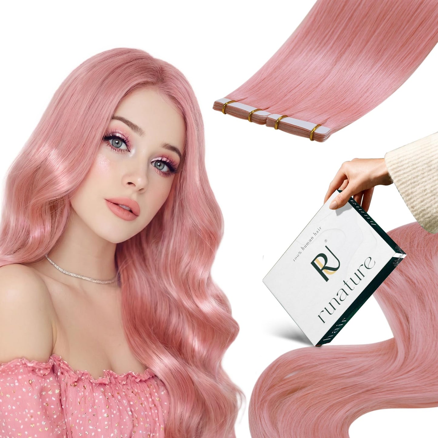 RUNATURE Tape in Hair Extensions Human Hair Light Pink 18 Inch 25g 10pcs